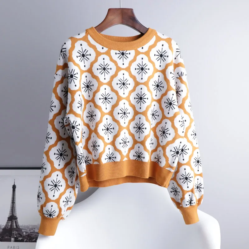 

Осень 2021, короткий Рождественский свитер с цветочным принтом и круглым вырезом, женский свободный трикотажный пуловер, модные милые топы
