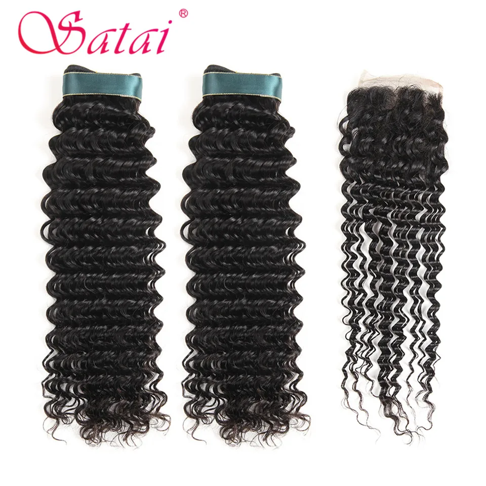 Satai глубокая волна 2 пучка с бразильские волосы закрытием пучки 100% человеческие