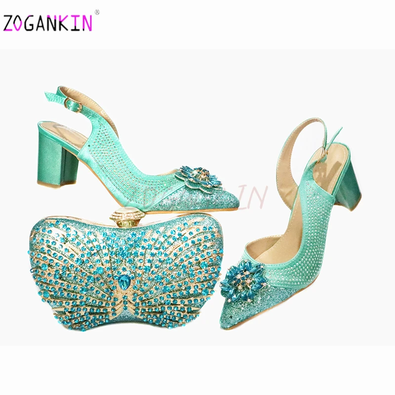 

Новейший итальянский дизайн; женская обувь и сумка в комплекте; цвет морской волны; декорированные стразами; обувь и сумка под платье; 2020