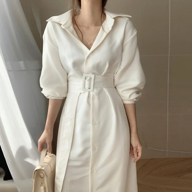 

Leiouna Loose Solid Turn-down Belt Women Dress 2020 Fashion Spring Summer Korean Shirt Dress Ladies Elegant Dresses With Clothes