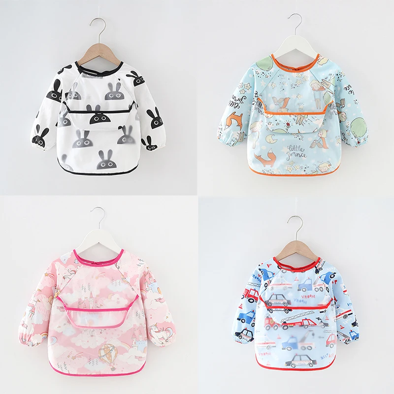 Baberos para comer para beb&eacute;s de 0 a 36 meses, Bandana bonita y colorida, Babero con caricaturas, impermeable, delantal de manga larga para dibujar-0