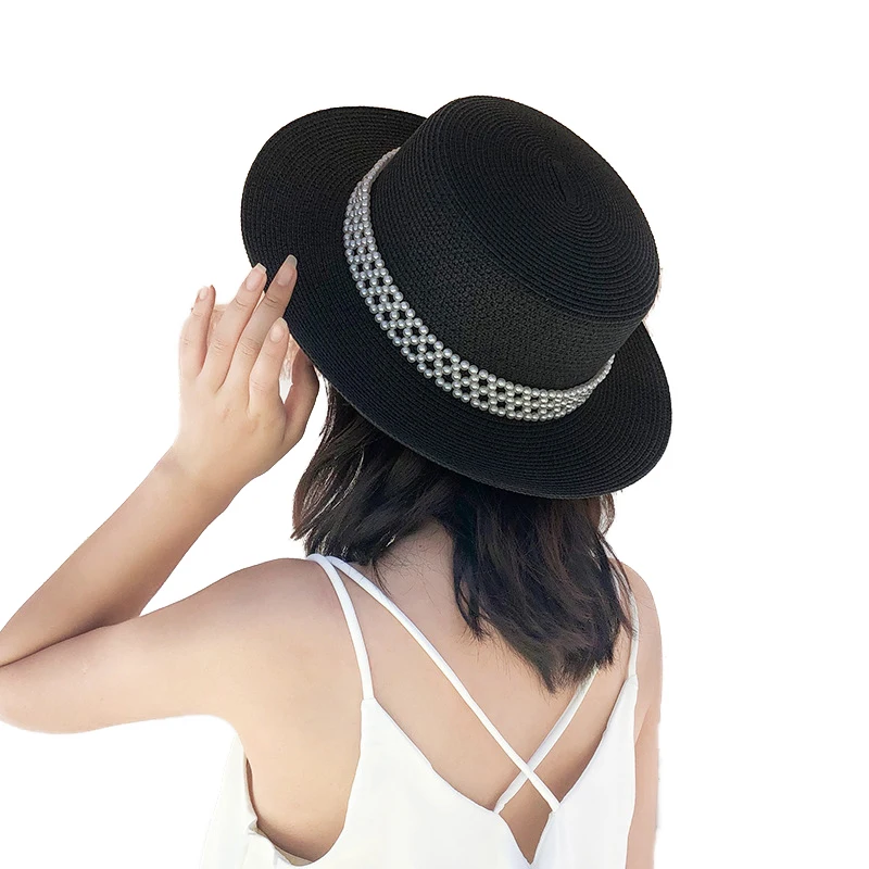 

Женская панама из рафии с жемчужным украшением, летняя Соломенная Панама с плоским верхом и синим поясом, пляжная шляпа, подарки, 2022
