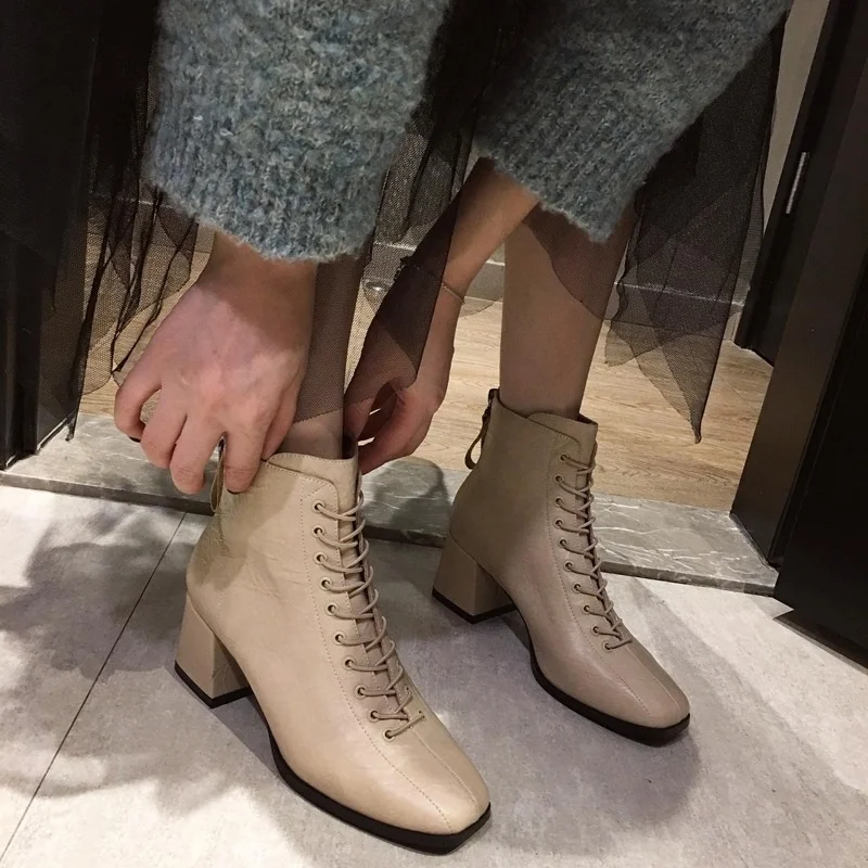 

net red square lace up high heel thick heel boots boots 2021 new versatile zipper women's Boots