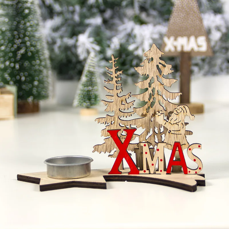 

Christmas Wooden Candleholder Home Holiday Candlestick with Letter and Elk Deer Pattern