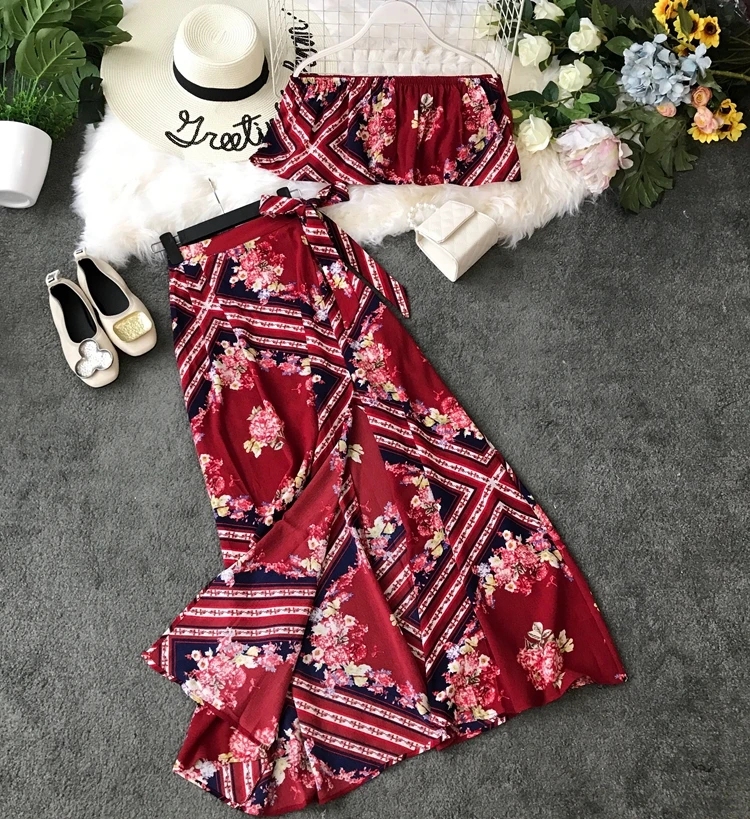 Women Vintage Two Piece Sets New 2020 Summer Off The Shoulder Ctop Tops + Bandage Long Skirts Woman Beach Clothes Red Outfit | Женская