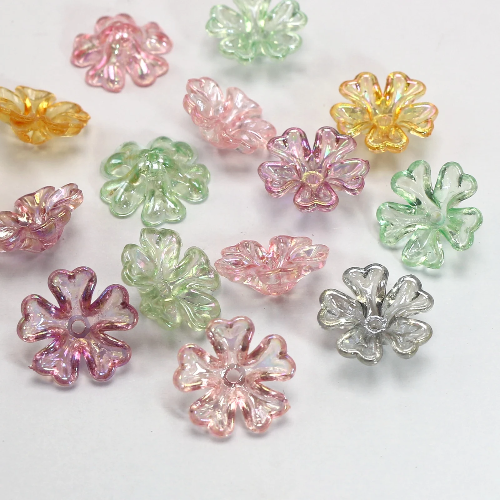 

100 Mixed Color Transparent AB Flower Beads Cap 16mm Center Hole Sewing Craft