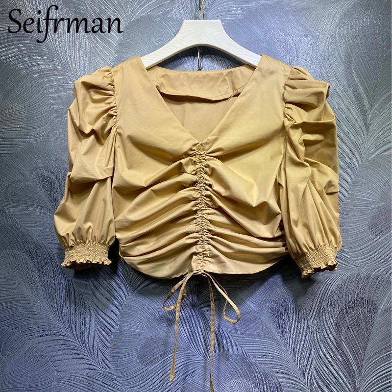 

Seifrmann New 2021 Summer Women Fashion RunwaySkirts Set Sexy V-Neck Short Tops + High Waist Print Skirts 2 TwoPiecesSuits