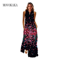 movokaka new spring summer black long dress elegant party casual floral print dresses woman beach holiday loose sleeveless dress
