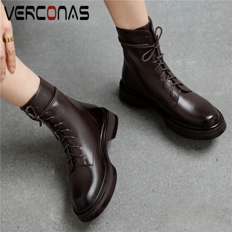 

VERCONAS Concise Autumn Winter Women Ankle Boots Low Heels Shoes Woman Genuine Leather Casual Back Zipper Boots 2021 New Arrival