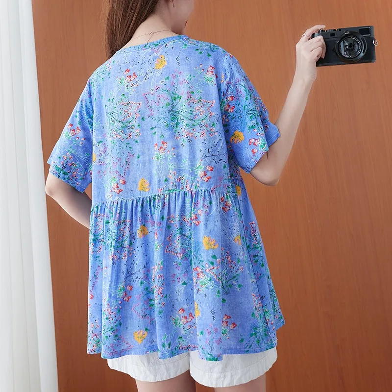 

Women Cotton Linen Casual T-shirt New Arrival 2021 Summer Vintage Style Floral Print Loose Female Short Sleeve Tops Tees 9218