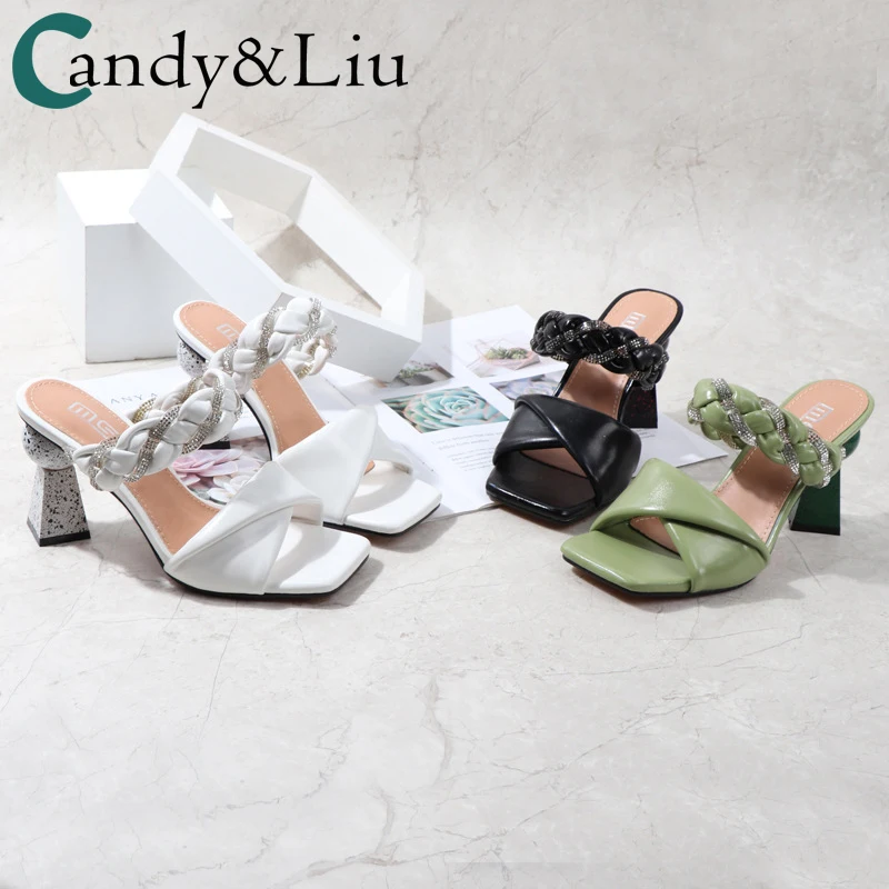 

Модные босоножки на высоком каблуке особой формы, однотонные, с открытым носком, плетеные стразы, одежда на высоком каблуке, новые летние са...