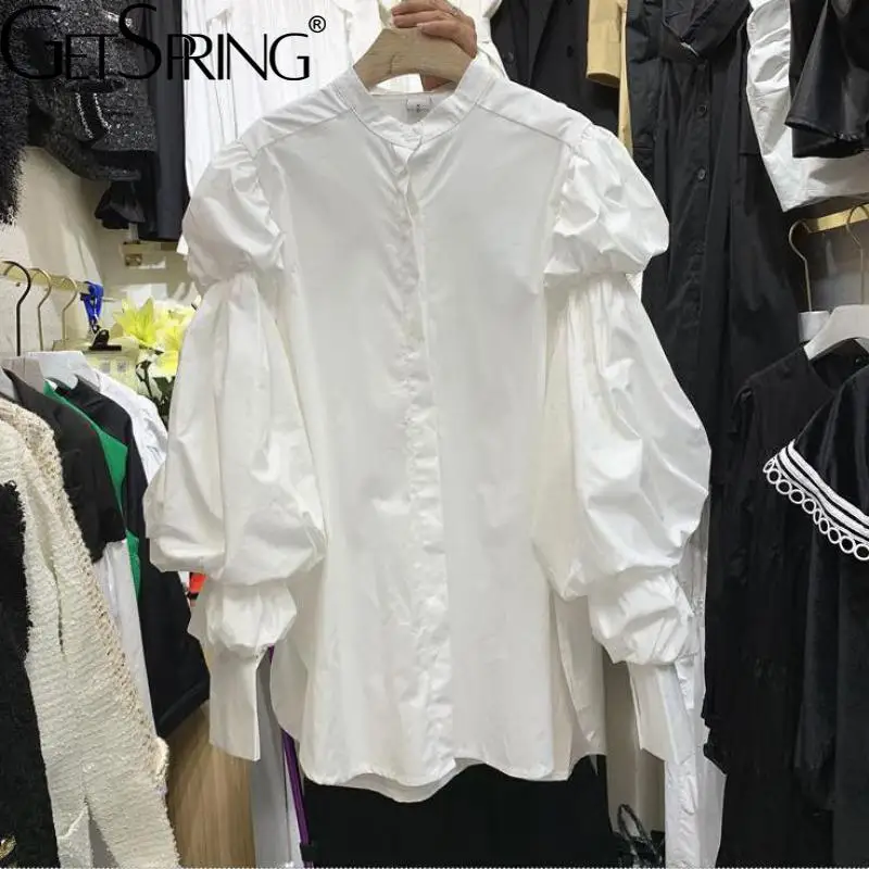 

Getspring женская блузка из искусственного хлопка, черно-белая винтажная блузка, однотонные Длинные свободные топы с длинным рукавом, весна 2022