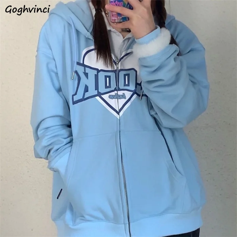 

Spring Printing Hoodies Women Oversize Zip-up Hooded Drawstring Sweatshirts Students Front-pocket BF Loose Outwear Hoodie Chic