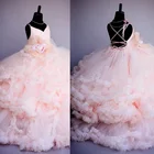 Платья для девочек, розовые, с цветочным рисунком, Бальные, с открытой спиной, многоярусные платья