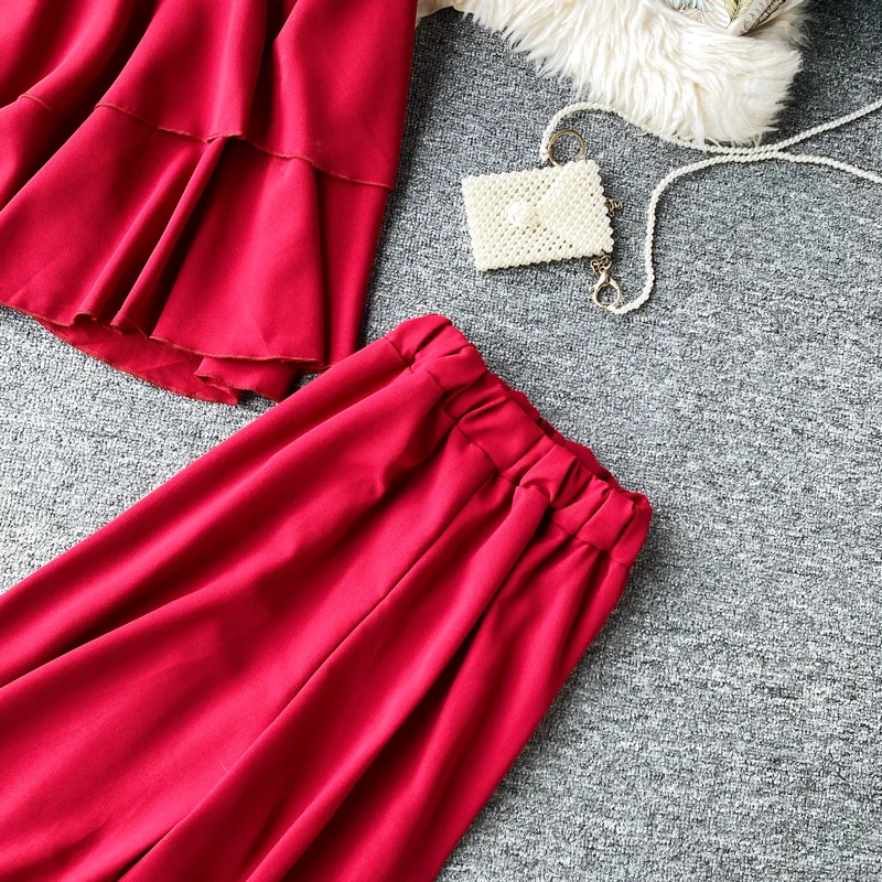 

Summer Sexy Women 2 Piece Set 2020 Fashion New Ruffle Layer Short Spaghetti Strap Top+high Waist Nine Point Pants Wide Leg Pants