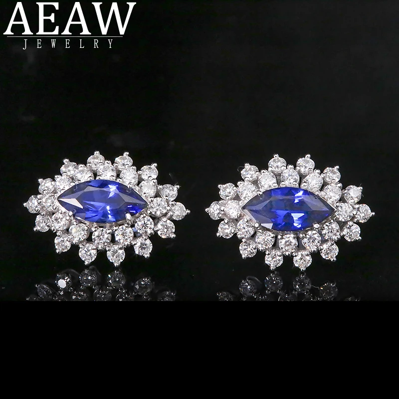 

1.0Carat 5x11mm Marquise Shape Lab Created Sapphire Moissanite Halo Basket Stud Earring Solid 18k White Gold for Women
