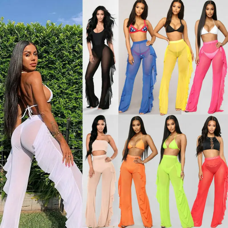 2019 сексуальные женские прозрачные брюки накидка на бикини сетчатые с оборками