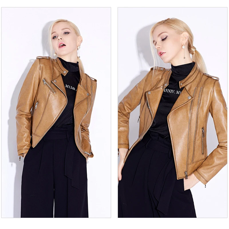 JAZZEVAR 2023 New High Fashion Street Women Real Sheep Skin Leather Jacket Ginger color Genuine Leather short Motorcycle Jackets
