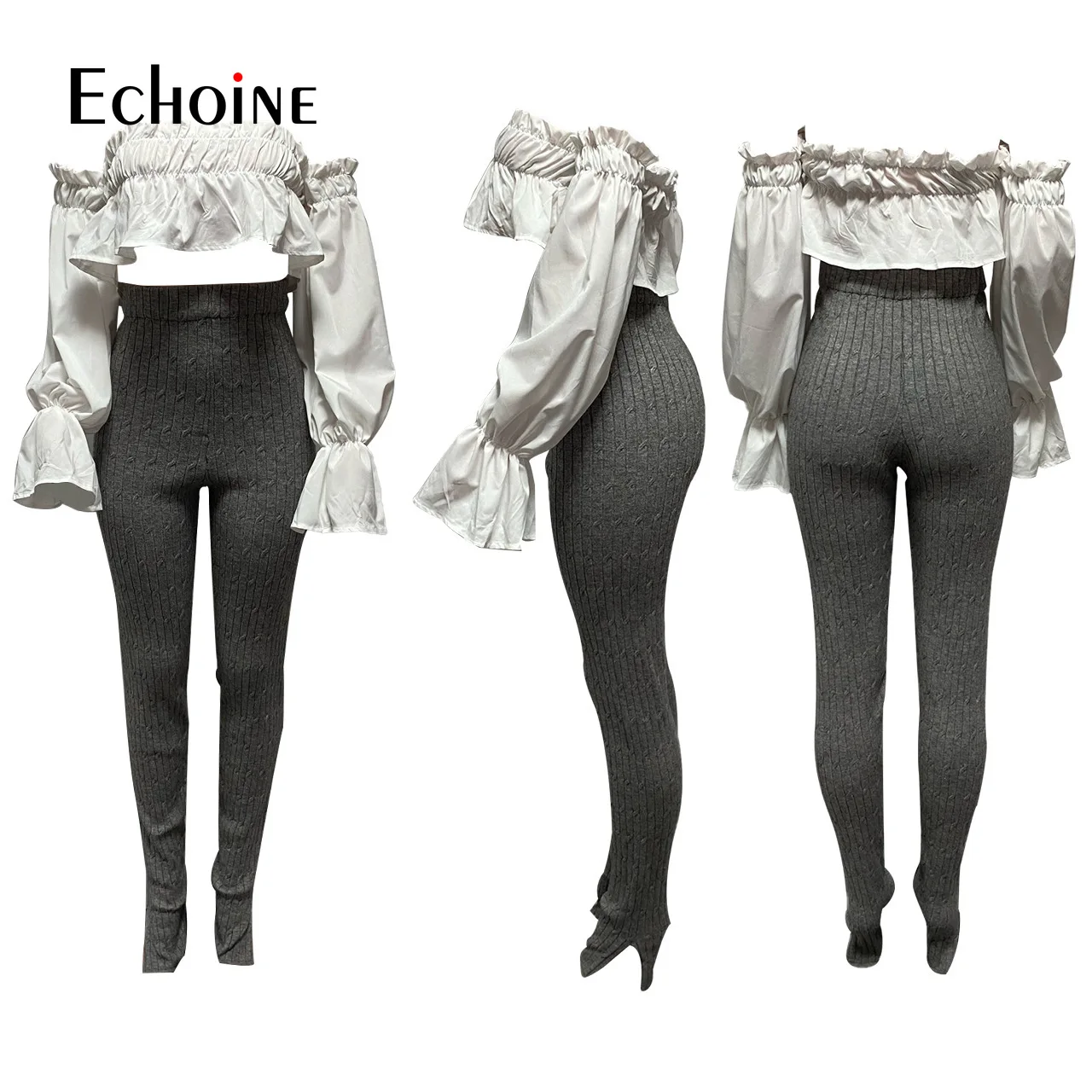 

Echoine Candy colors Women Two Piece Set Off Shoulder Crop Top Knitted High Waist Pants Suit Tracksuit Matching Fitness Outfits