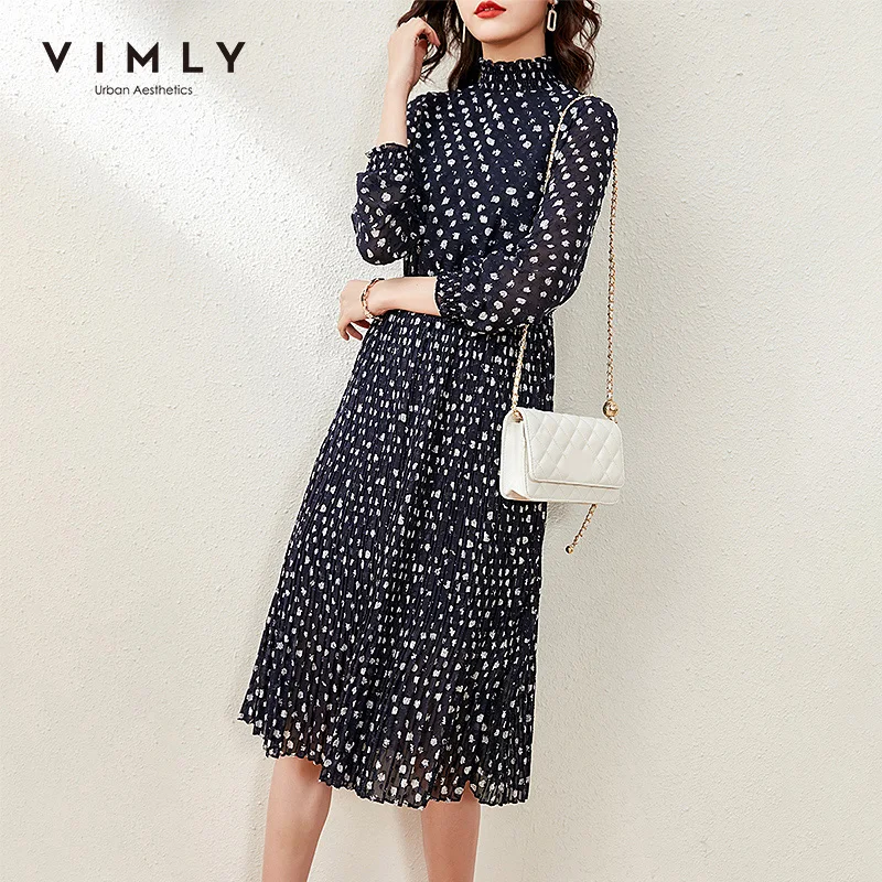 

VIMLY Maxi Dresses For Women Fashion Half Turtleneck Floral Dress Elegant Office Lady High Waist Sashes Full Sleeve Dress F6568