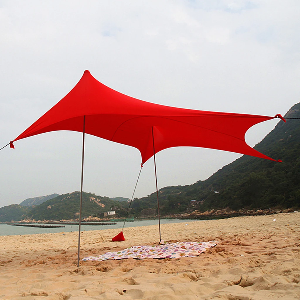 저렴한 휴대용 해변 차양 캐노피, 샌드백 앵커, 기둥 및 로프가 있는 경량 차양 텐트