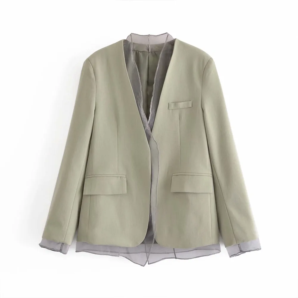 

Women 2021 New Fashion Net yarn Splicing Open Blazer Coat Vintage Long Sleeve Welt Pockets Female Outerwear Chic