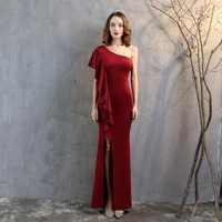 red one shoulder ruffle sleeve side split long mermaid fashion special occasion dresses sexy clubwear night party dress women