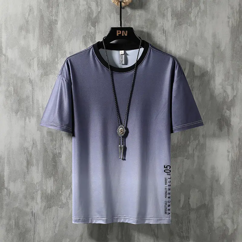 

Summer men's thin ice silk casual suit fashion trend gradient loose large plate short sleeve shorts two pieces