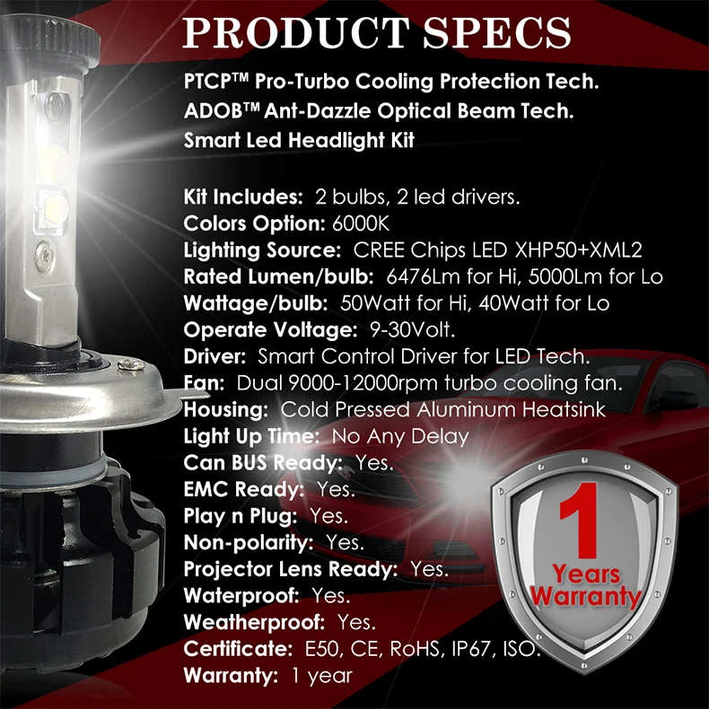 CNSUNNYLIGHT супер яркий комплект Автомобильных СВЕТОДИОДНЫХ Фар H4 H13 9007 Hi/Lo H7 H11 9005 9006 w/XHP50 Сменные лампы 6000K
