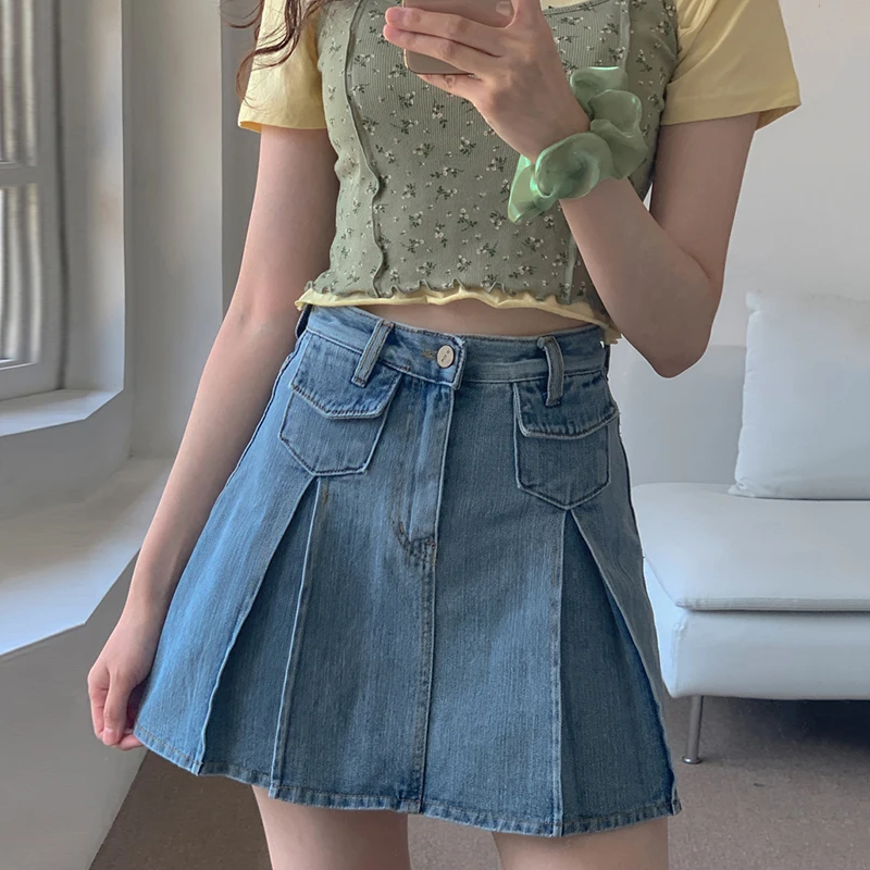 

Summer New Style Fashion Temperament Versatile Pocket High Waist Open Anti-failure Split A-line Denim Skirt KK710