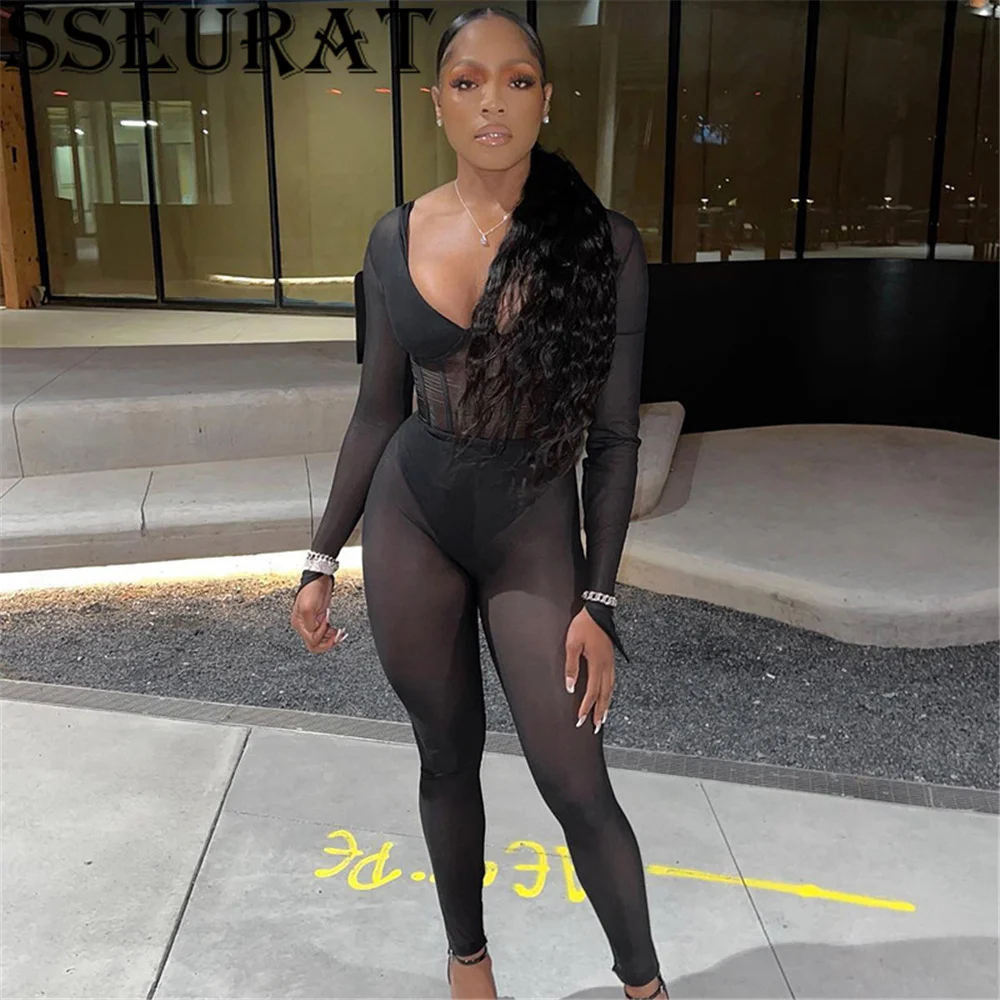

SSEURAT Sexy Fashion Sheer Mesh 2 Piece Set Bodysuits and Pants See Through Outfits for Women Clubwear