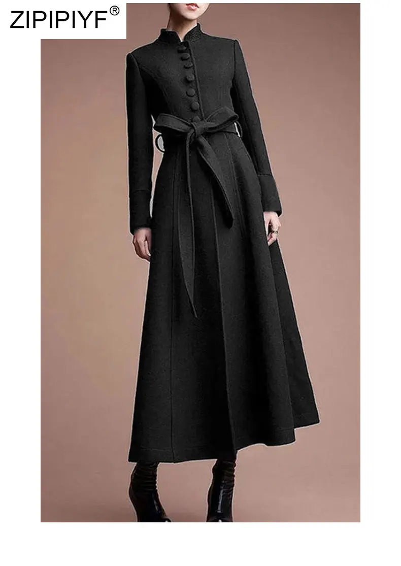 

2021 Summer Runway Fashion Stand Neck Long Sleeve Single-Breasted Bandage Bow Design Mid Waist Ball Gown Woolen Coats Z226