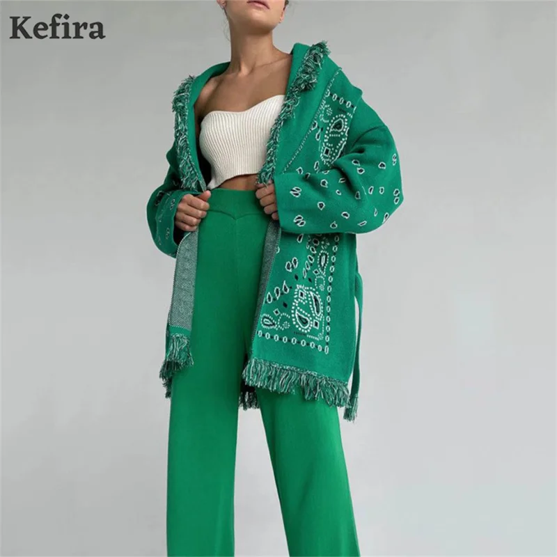 

Женский вязаный кардиган оверсайз Kefira, Зеленый Свободный Повседневный свитер с V-образным вырезом и длинным рукавом, с поясом, для осени и зи...