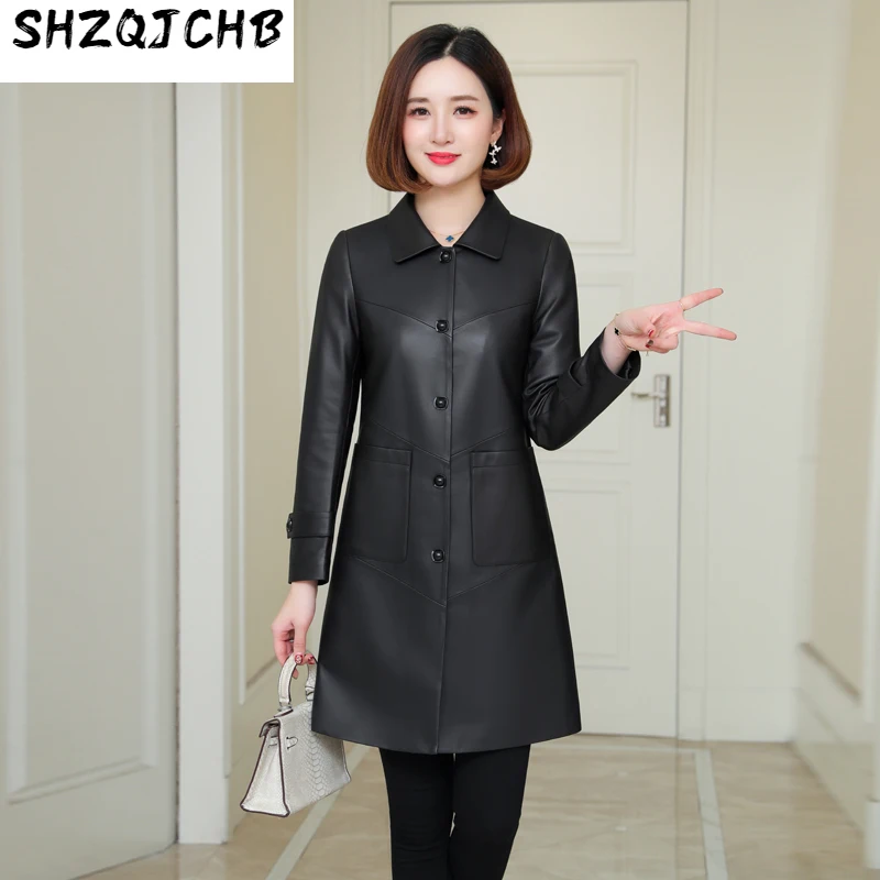 

SHZQ, Новинка весна-осень 2021, кожаное пальто, женская облегающая ветровка средней и большой длины, пальто из овечьей кожи