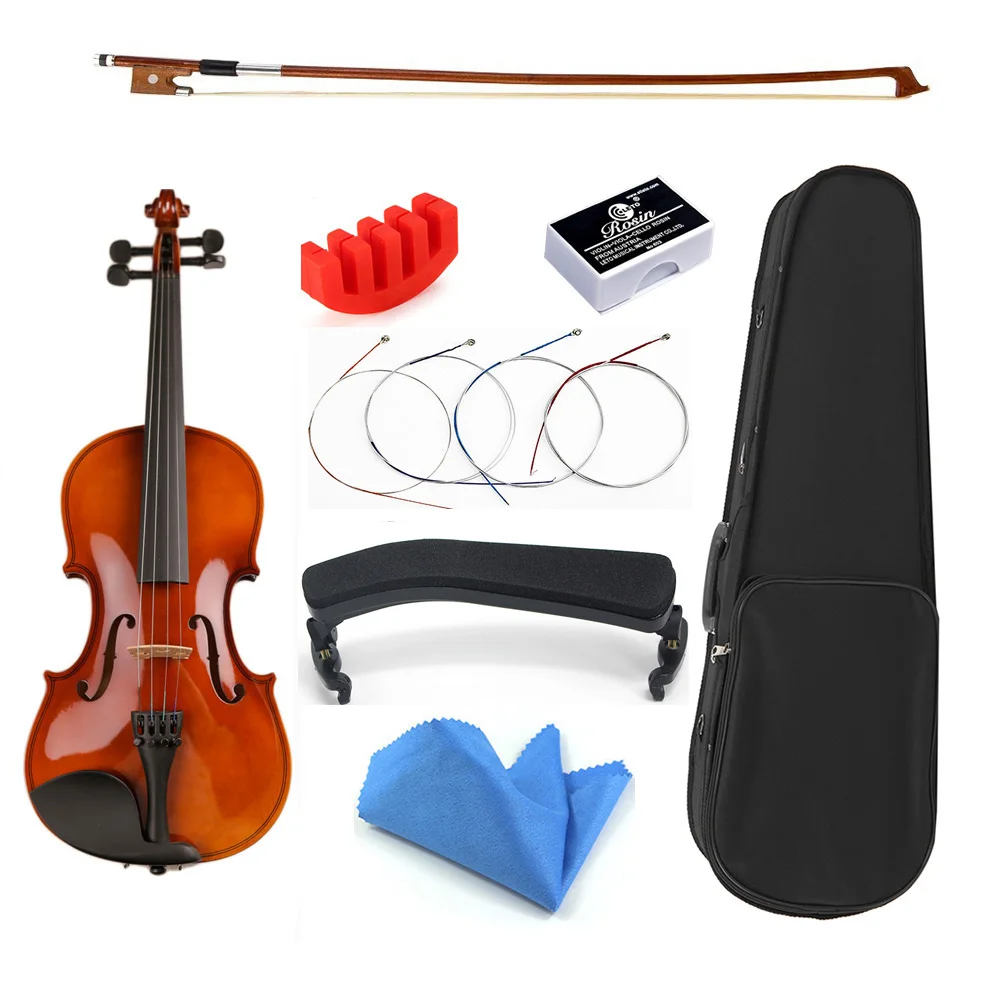 Tamanho com Case Violino de Madeira para Alunos Presente Arco Cordas Ombro Resto Baixo Iniciantes Crianças Natal Violino 1 – 8 16