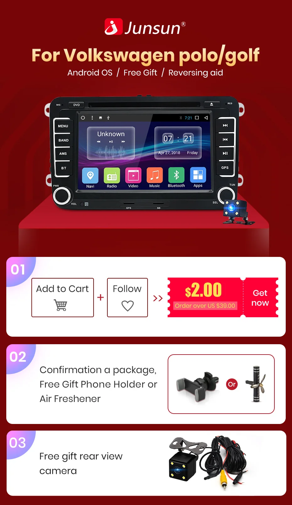 Junsun " 2 din автомобильный DVD gps Android радио плеер аудио стерео 1024*600 мультимедиа для Volkswagen VW golf 5 6 touran passat polo