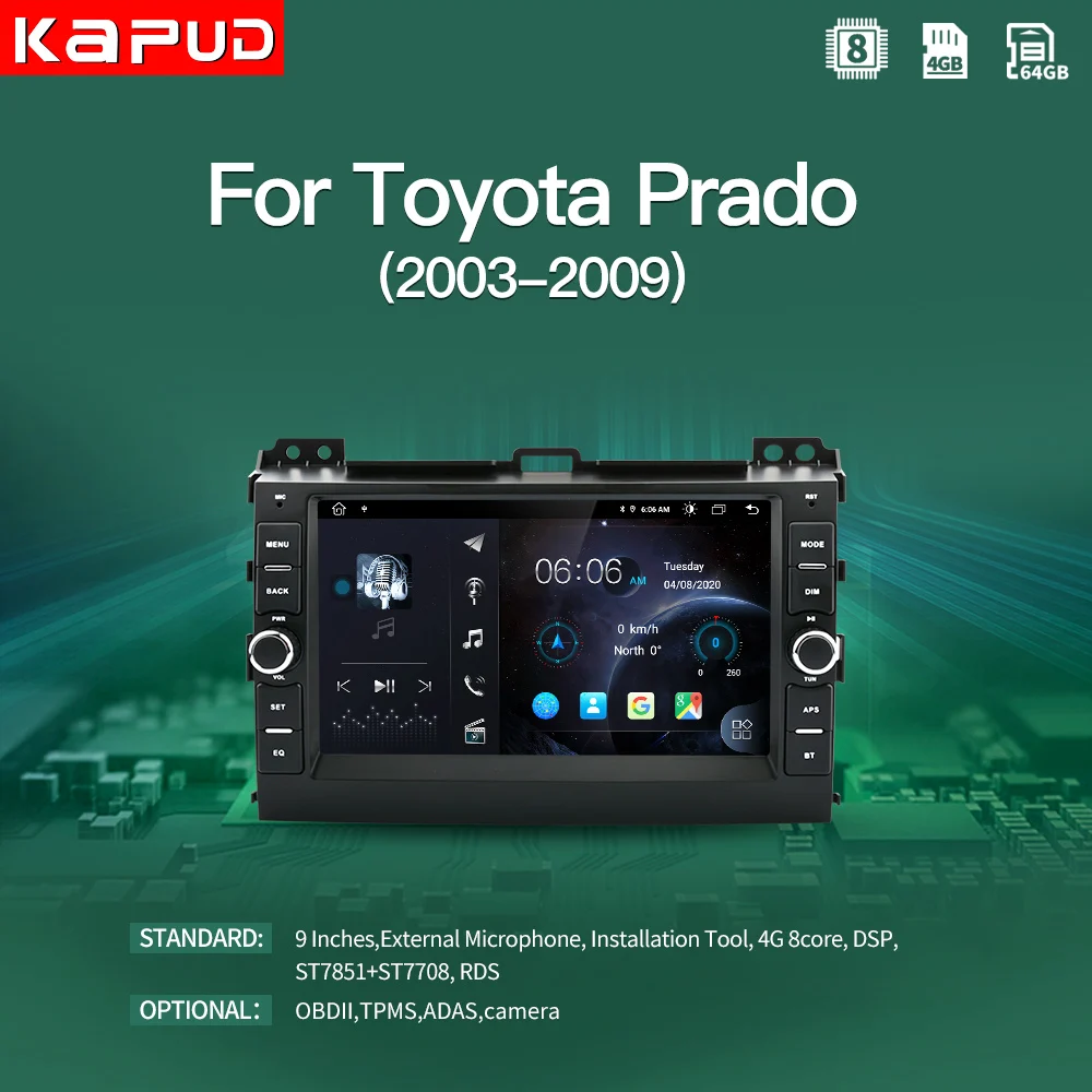 

Автомобильный мультимедийный плеер Kapud, стерео-система на Android 10, с 8 "экраном, GPS, DSP, для Toyota Land Cruiser Prado 120, 2004-2009