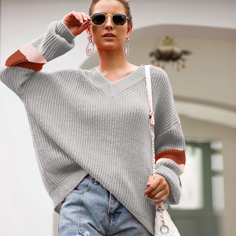 Autumn Women V Neck Off Shoulder Sweater 2019 Winter Lantern Sleeve Loose Sweaters Pullover Streetwear Patchwork Jumper Female | Женская