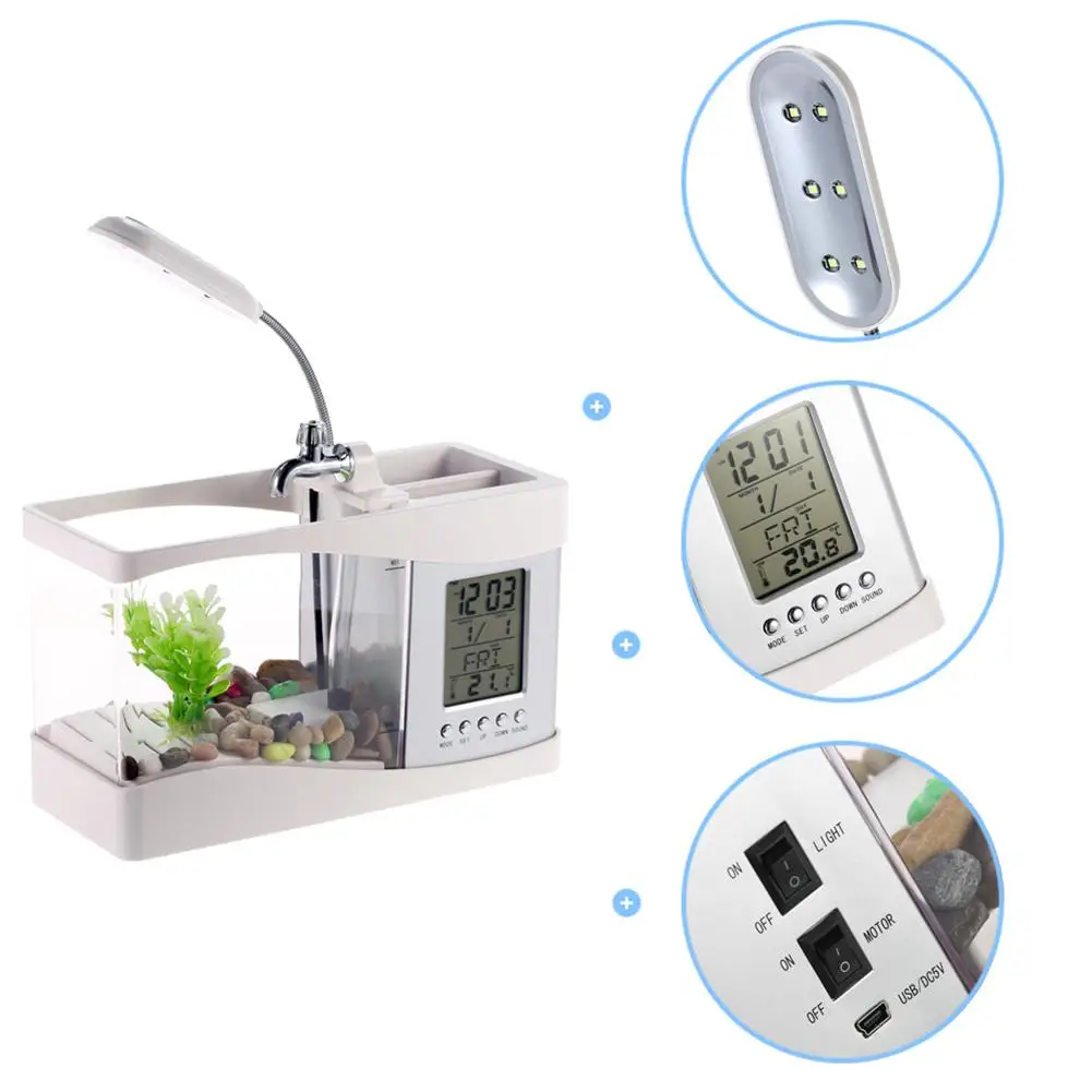 USB мини аквариум со светодиодной лампой светильник ЖК часы с календарем экран