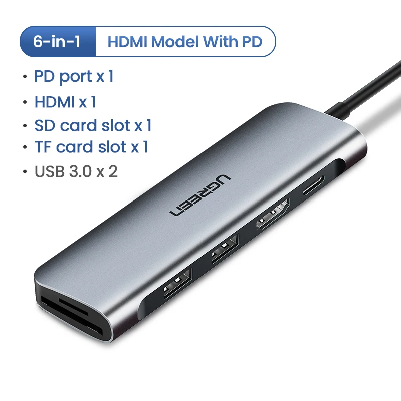 Ugreen USB C концентратор type C к Мульти USB 3,0 концентратор HDMI адаптер док-станция для MacBook Pro huawei mate 30 USB-C 3,1 разветвитель порт type C концентратор - Цвет: 6-in-1 HDMI With PD