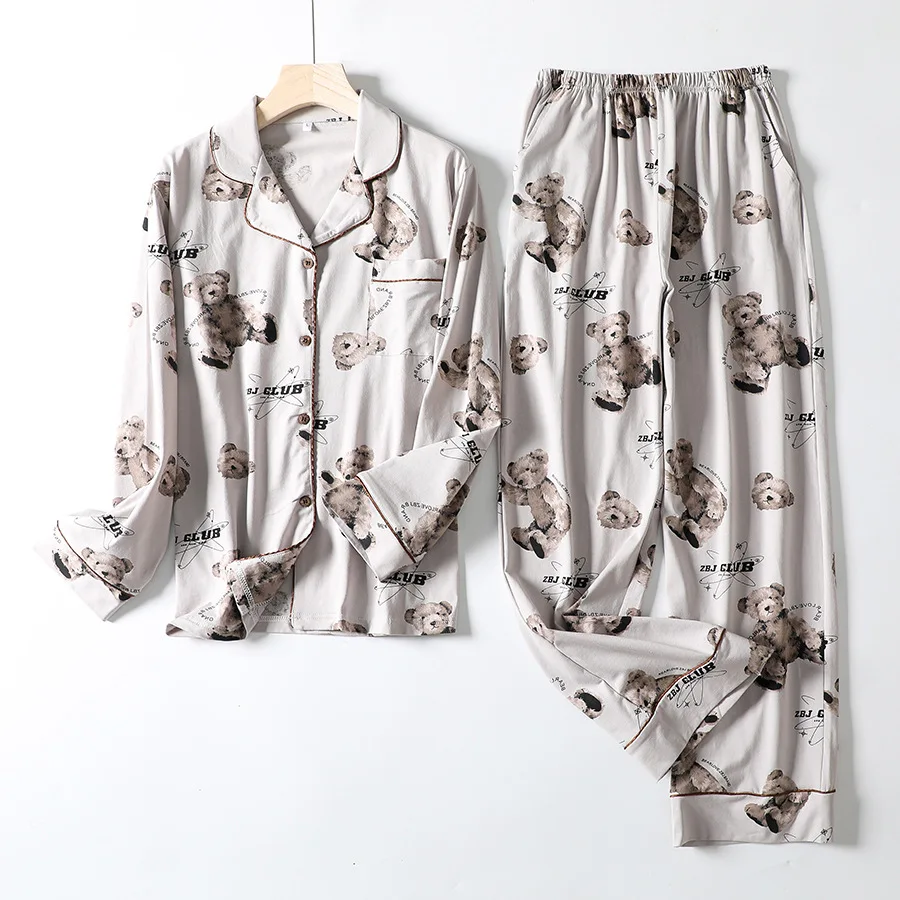 

2021 Autumn and Winter Newest Pajamas Set Cotton 2 Pcs Long-sleeved Trousers Suits for Homewear Cute Bear Printing Sleepwear