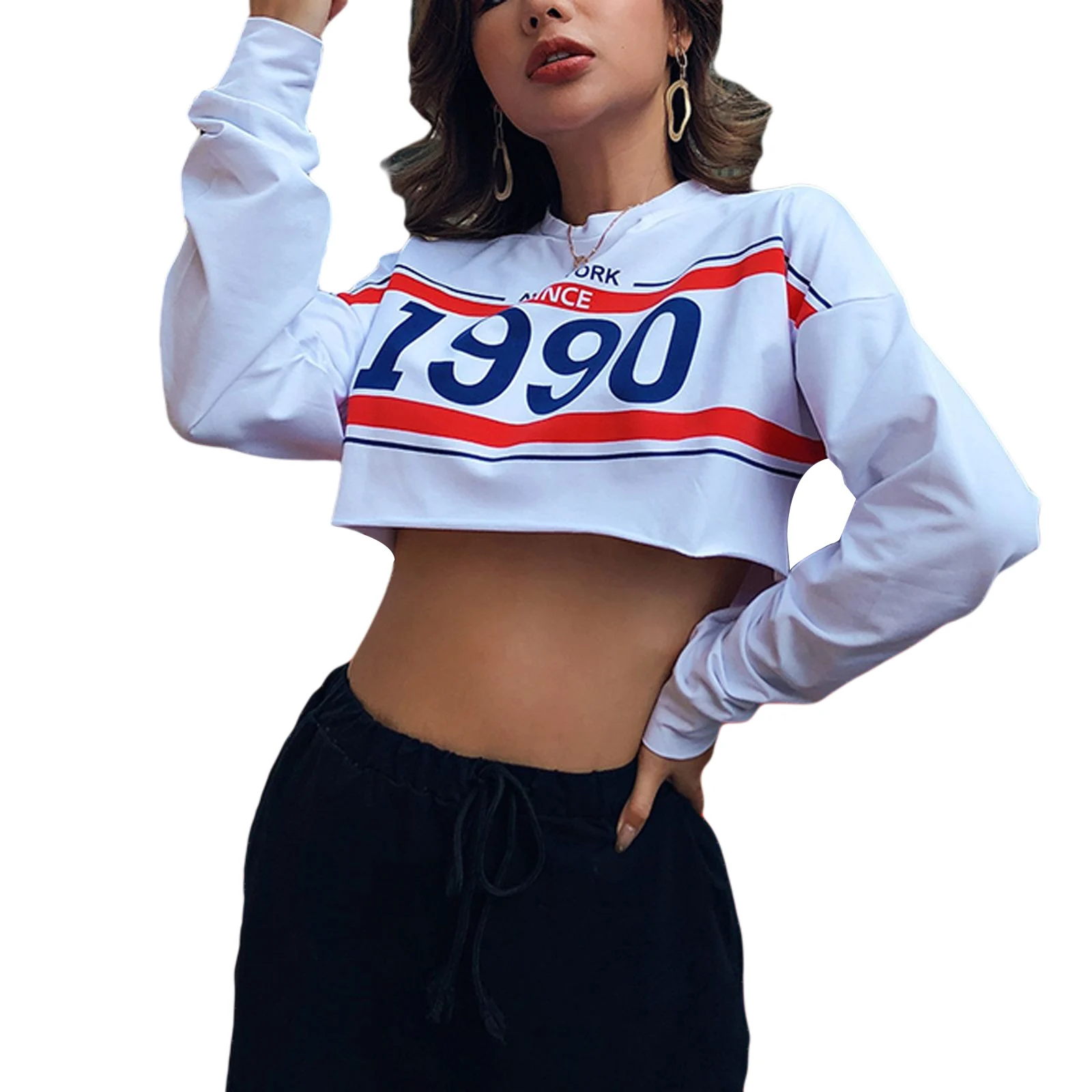 

2020 Women Sexy Crop Top Autumn and Summer Casual Style Long Sleeve Round Neck Letter Print Sweatshirt Streetwear