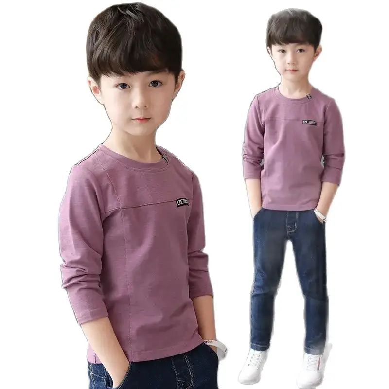 

Spring & Autumn Cotton Boys T-Shirt 2021 New Korean Version Fashion Round Neck Long Sleeve Tees Solid Color Children's Base Tops