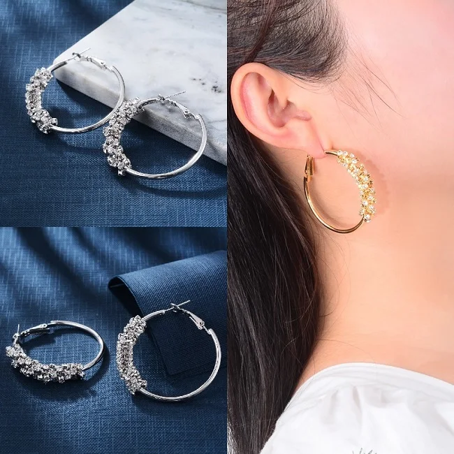 flower silver hoop Винтаж корейской моды Chic серебро большой обруч серьги Kpop цирконий жемчуг длинные кисточки серьги для женщин заявление свадьба - Окраска металла: flower silver hoop