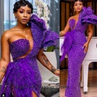 2020 сексуальные фиолетовые платья на одно плечо для выпускного вечера из блестящей ткани с перьями и оборками из бисера Русалка Вечерние платья-Макси для официального вечера