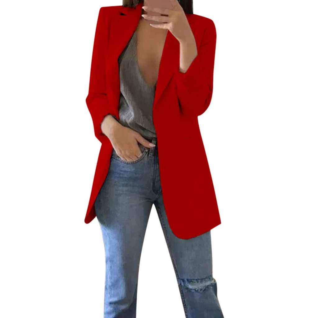 Red Блейзер feminino для женщин Осень Зима с длинным рукавом офисные кардиганы, пальто костюм длинная куртка элегантный Блейзер camarras de mujer - Цвет: Red