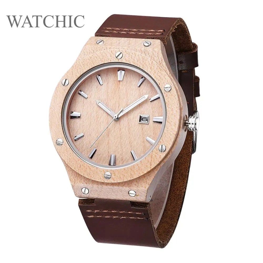 Минималистичные натуральные часы из натурального дерева мужские с кожаным