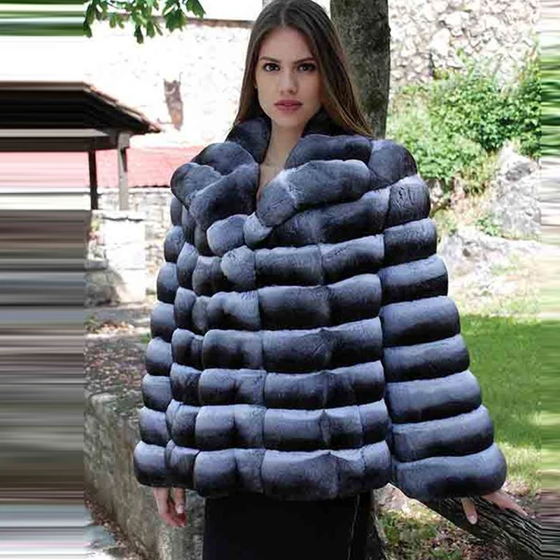 90cm Long Real Rex Rabbit Fur Coat Stand Collar Whole Skin Natural Rabbit Fur Jackets Chinchilla Color Winter Woman Overcoats