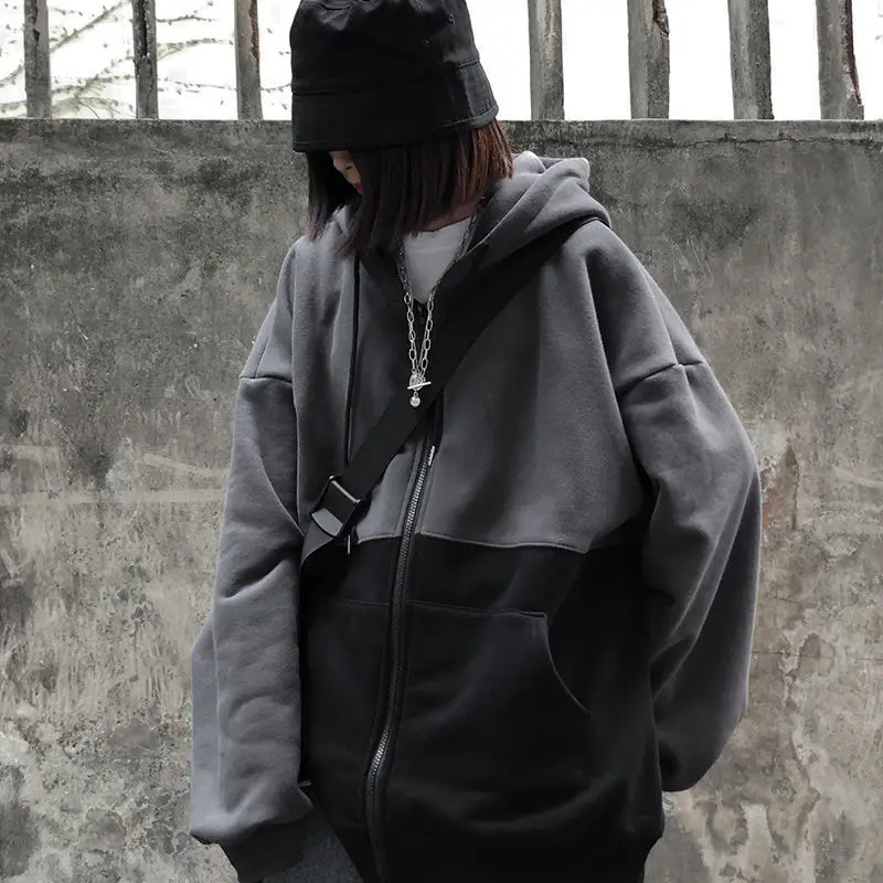 

Men's and Sweatshirt Women Clothes for Teens Women's Winter Top Retro Stitched Women's Hoodie Loose Velvet Zipper