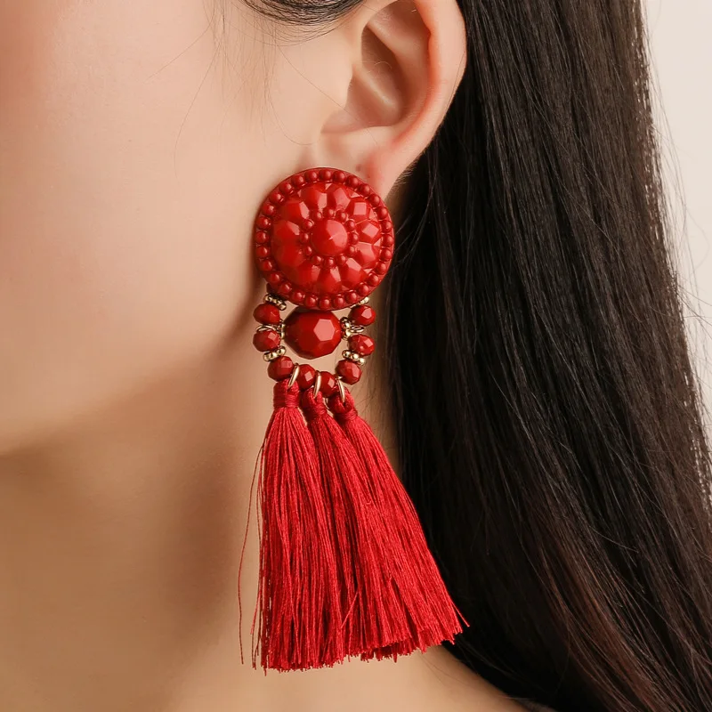 

Bohemian Tassel Crystal Long Drop Earrings for Women Red Cotton Silk Fabric Fringe Earrings 2021 Trend Fashion Woman Jewelry
